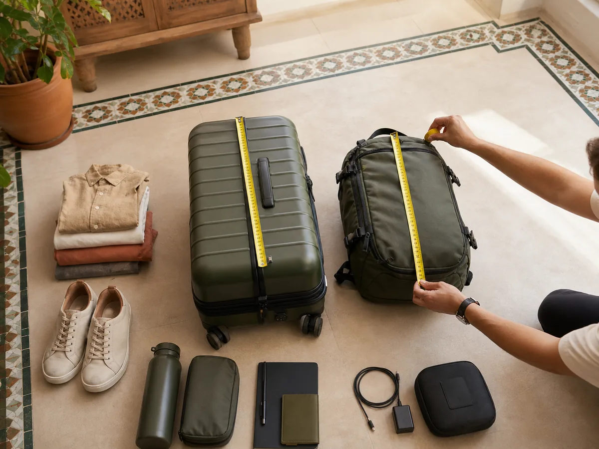 Valise et sac à dos mesurés avec un mètre avant un voyage