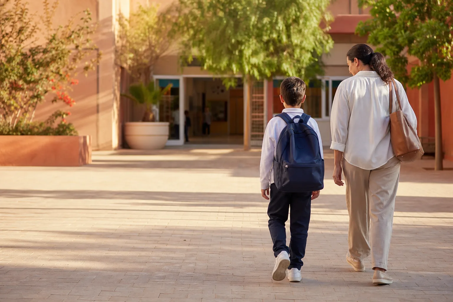 Un enfant et sa mère arrivent à l’école avec un cartable bleu